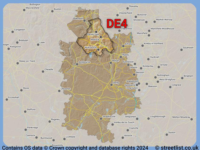 Where the DE4 postcode district lies within the wider  postcode area