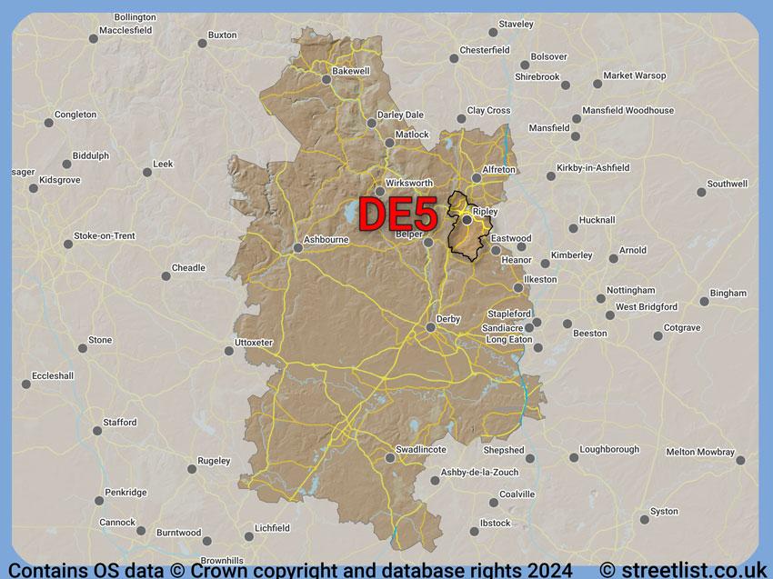 Where the DE5 postcode district lies within the wider  postcode area