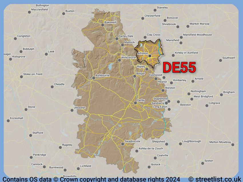 Where the DE55 postcode district lies within the wider  postcode area