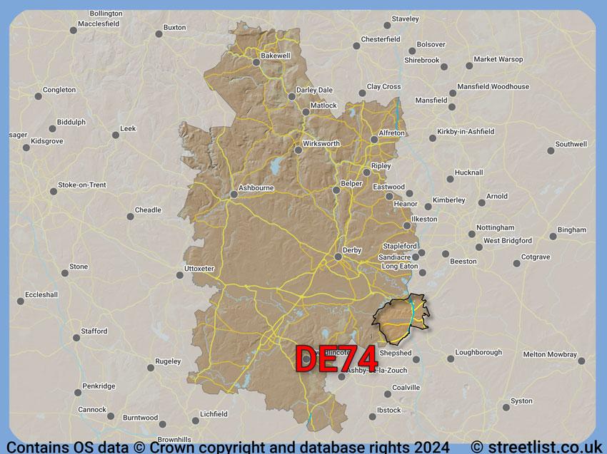 Where the DE74 postcode district lies within the wider  postcode area