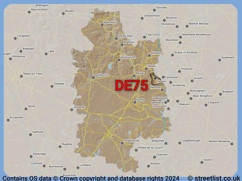 Where the DE75 postcode district lies within the wider  postcode area