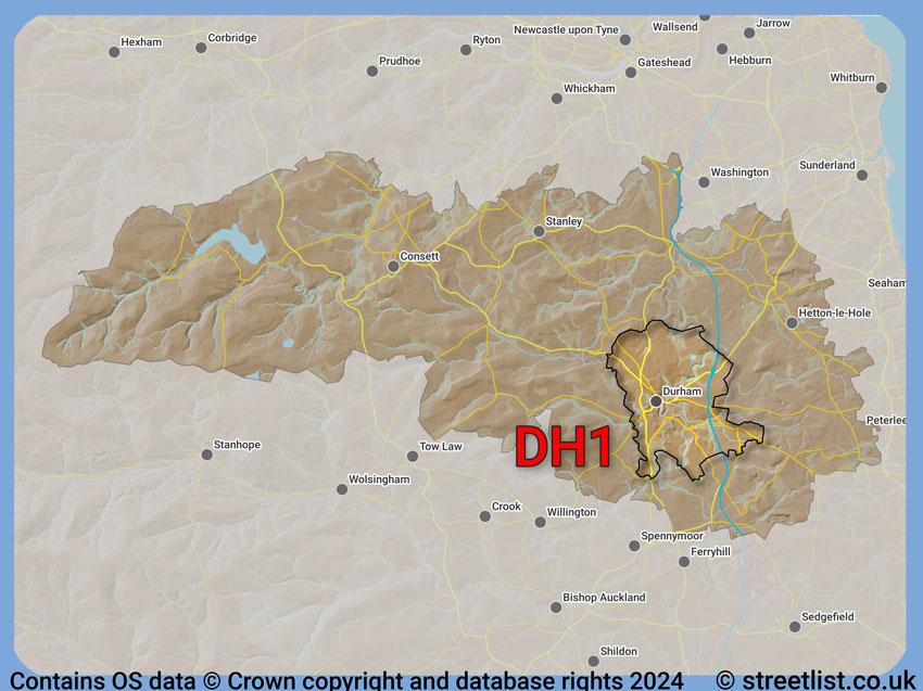 Where the DH1 postcode district lies within the wider  postcode area