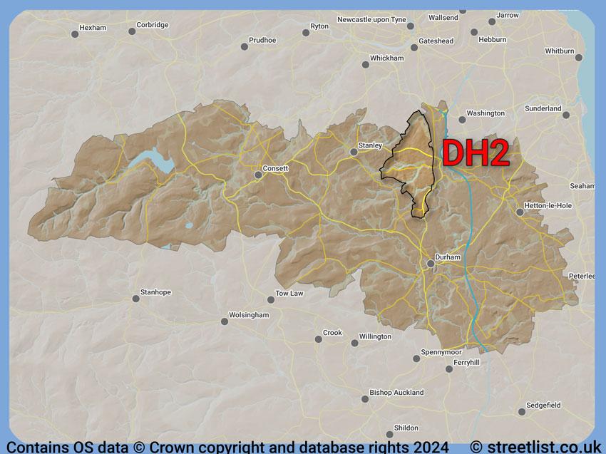 Where the DH2 postcode district lies within the wider  postcode area