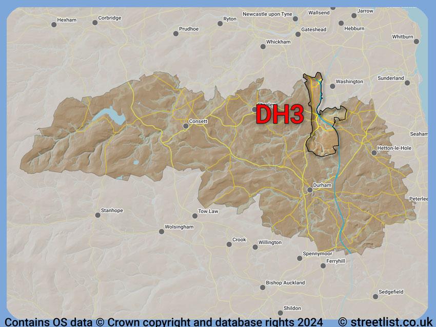 Where the DH3 postcode district lies within the wider  postcode area