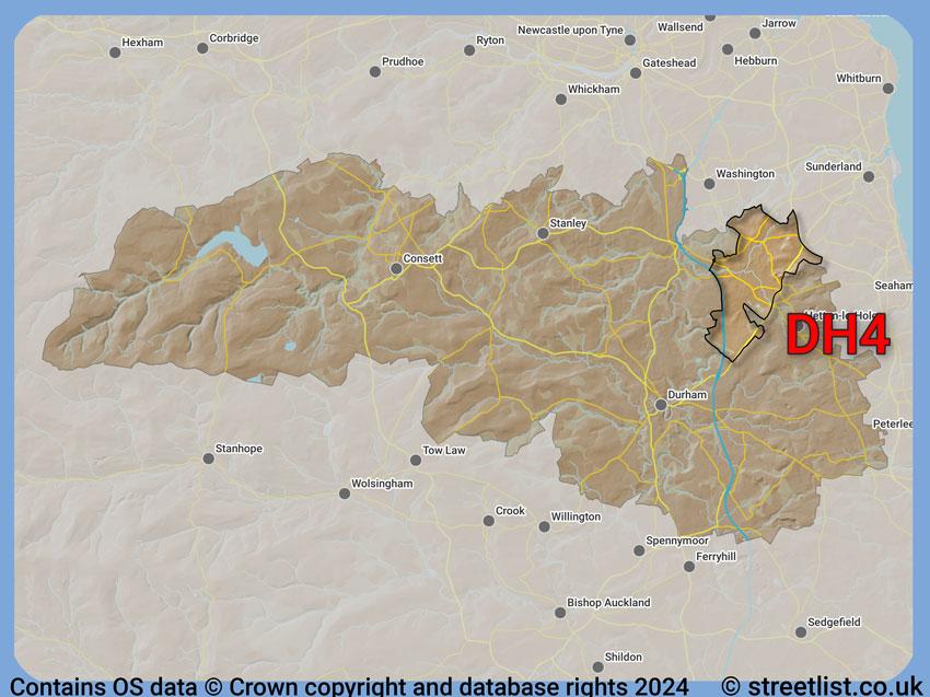 Where the DH4 postcode district lies within the wider  postcode area