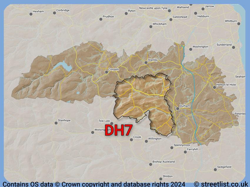 Where the DH7 postcode district lies within the wider  postcode area