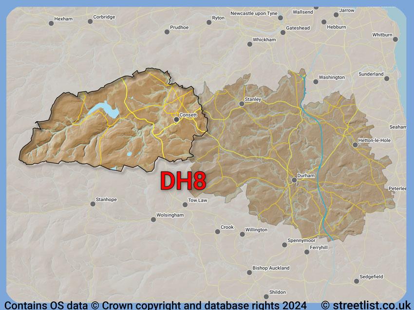 Where the DH8 postcode district lies within the wider  postcode area