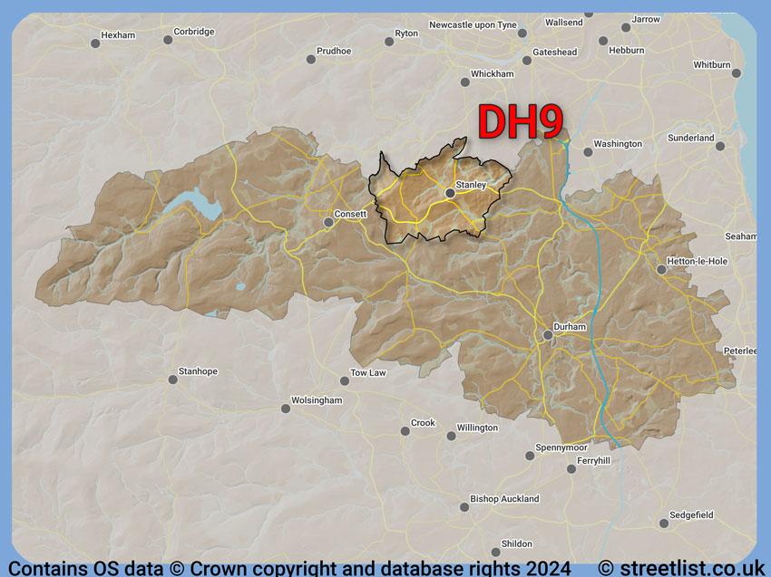 Where the DH9 postcode district lies within the wider  postcode area