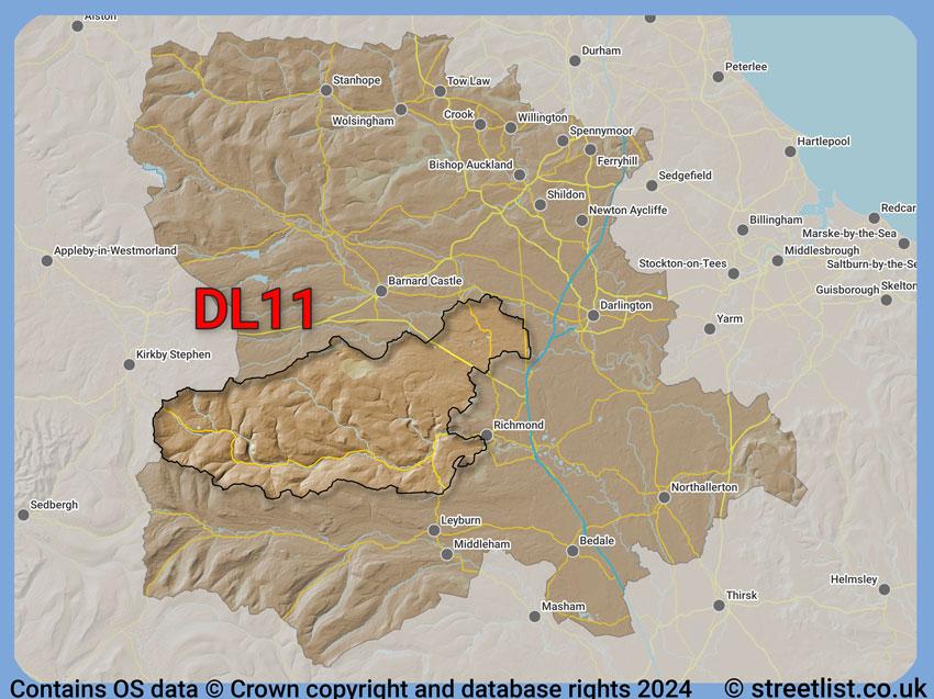 Where the DL11 postcode district lies within the wider  postcode area