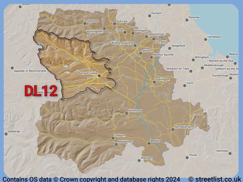 Where the DL12 postcode district lies within the wider  postcode area