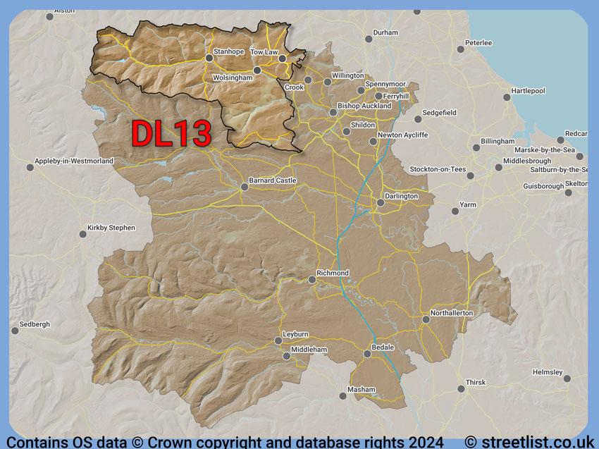 Where the DL13 postcode district lies within the wider  postcode area