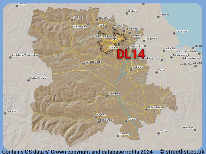 Where the DL14 postcode district lies within the wider  postcode area