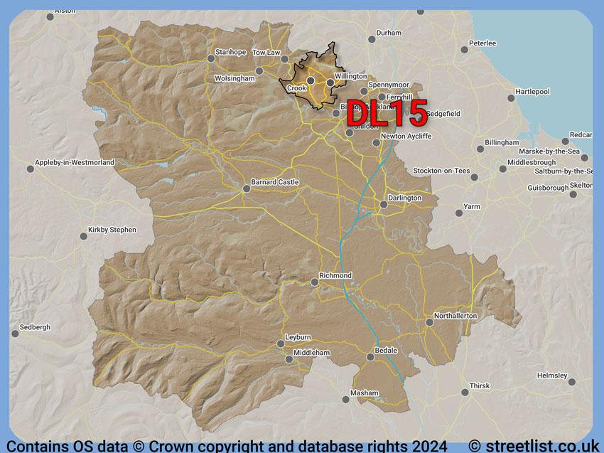 Where the DL15 postcode district lies within the wider  postcode area