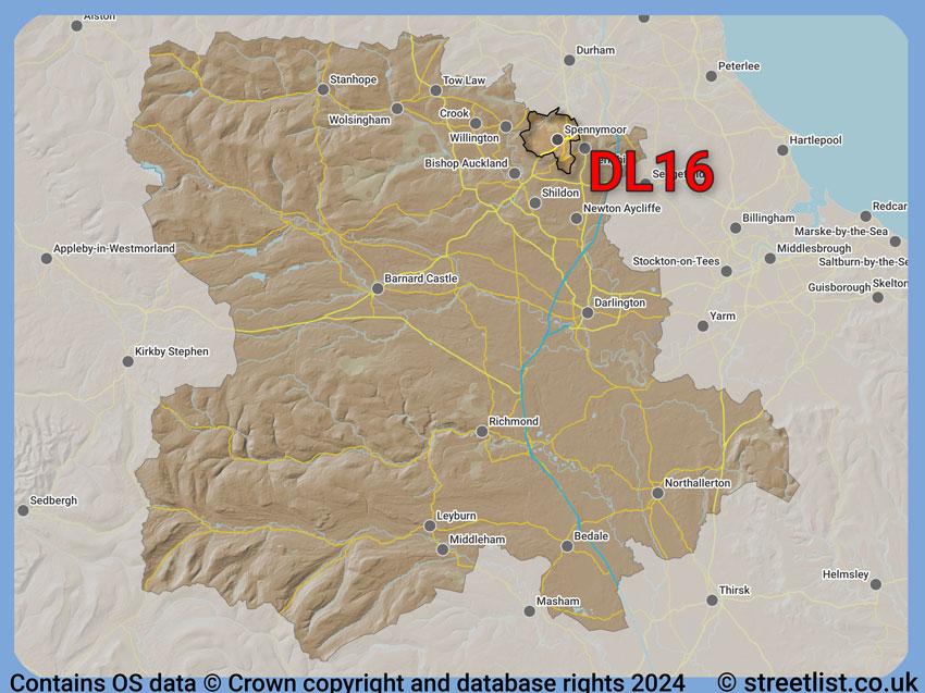 Where the DL16 postcode district lies within the wider  postcode area