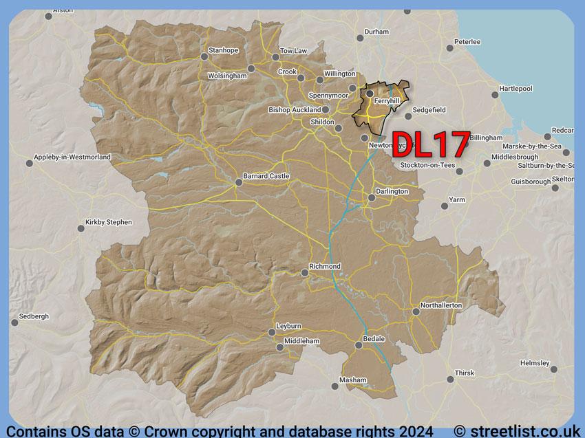 Where the DL17 postcode district lies within the wider  postcode area