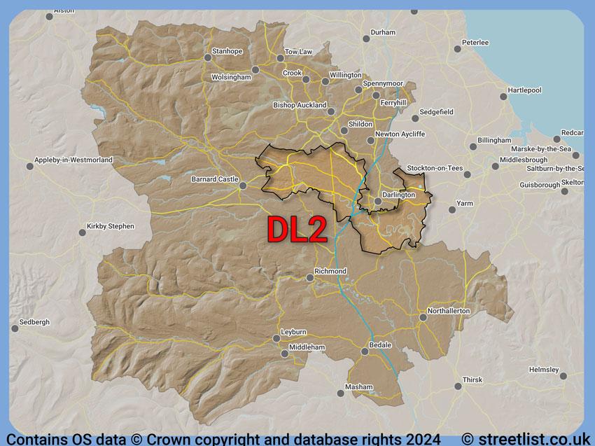 Where the DL2 postcode district lies within the wider  postcode area