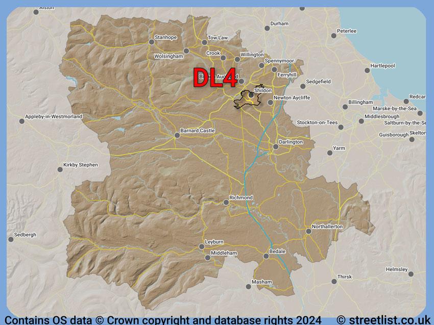 Where the DL4 postcode district lies within the wider  postcode area