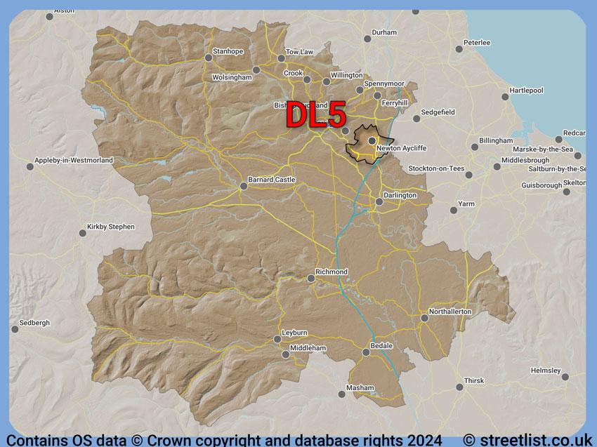 Where the DL5 postcode district lies within the wider  postcode area