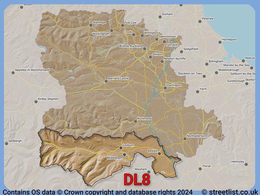 Where the DL8 postcode district lies within the wider  postcode area