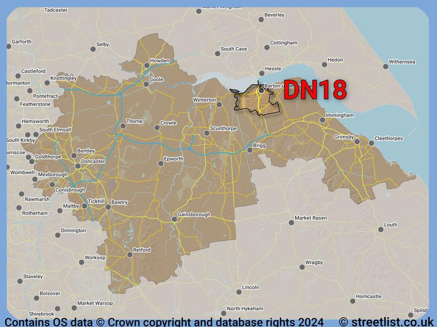 Where the DN18 postcode district lies within the wider  postcode area