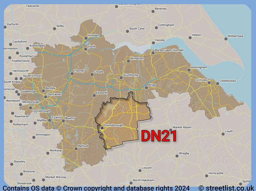 Where the DN21 postcode district lies within the wider  postcode area