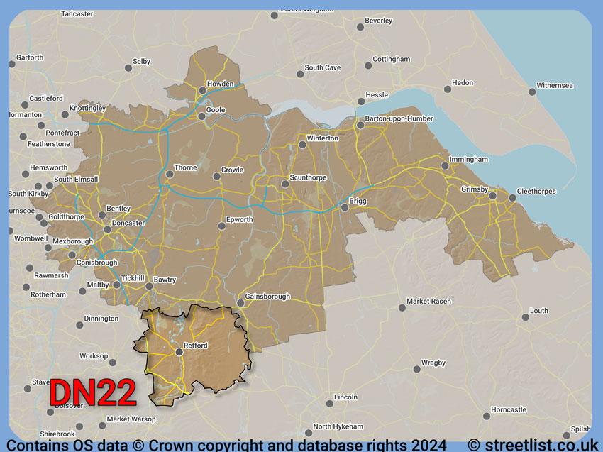 Where the DN22 postcode district lies within the wider  postcode area