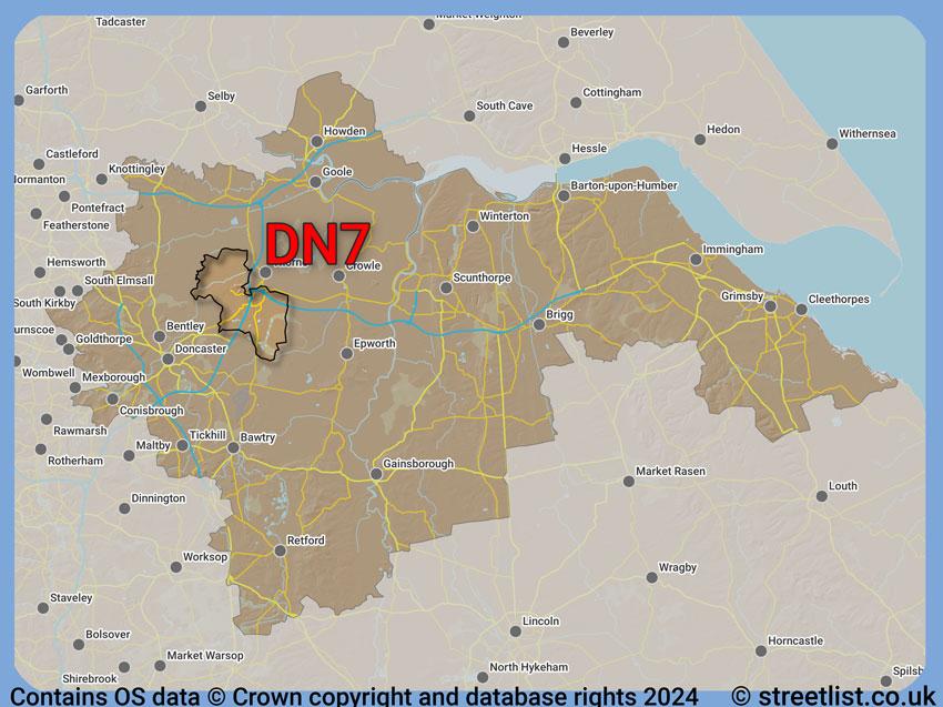 Where the DN7 postcode district lies within the wider  postcode area