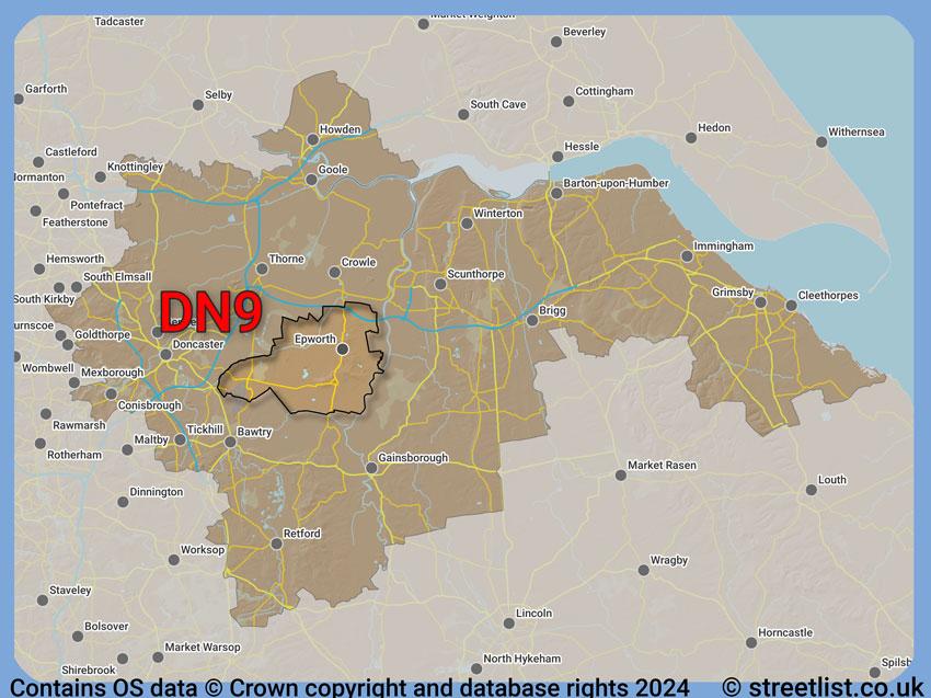 Where the DN9 postcode district lies within the wider  postcode area