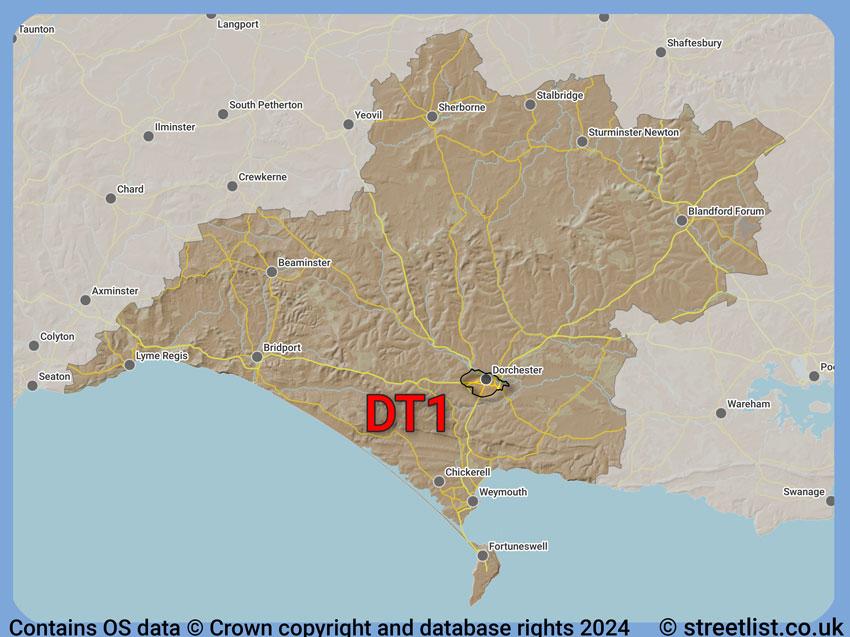 Where the DT1 postcode district lies within the wider  postcode area