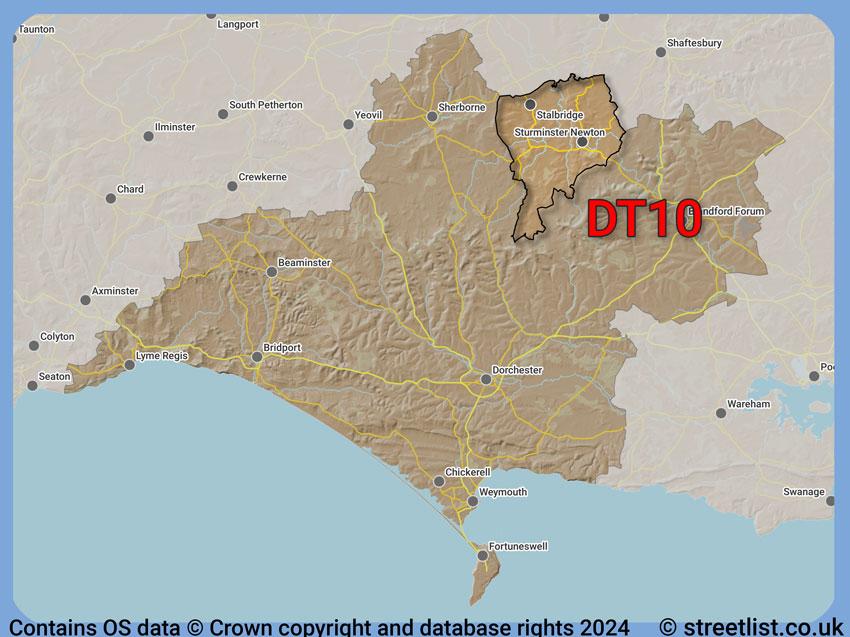 Where the DT10 postcode district lies within the wider  postcode area