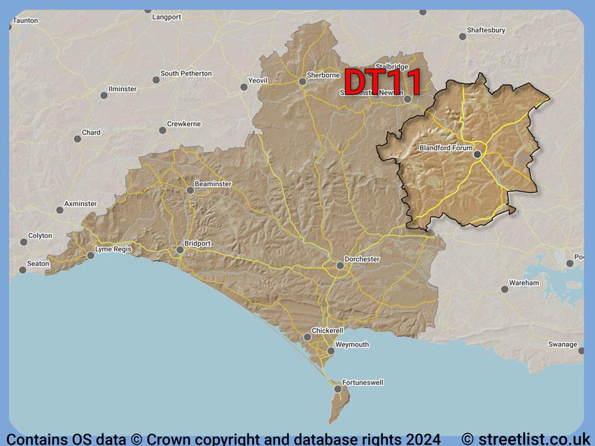 Where the DT11 postcode district lies within the wider  postcode area