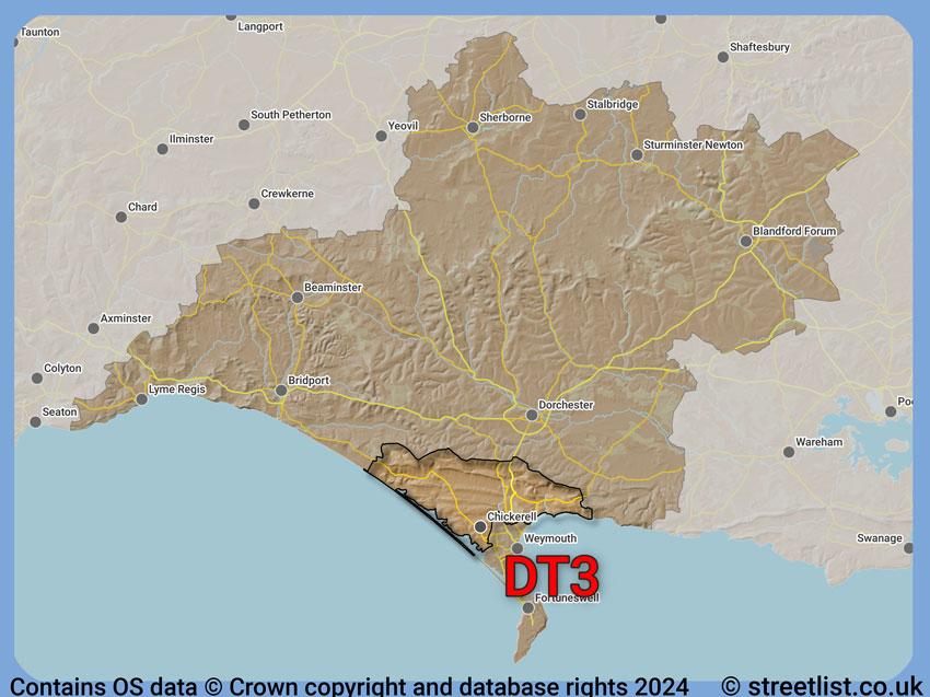 Where the DT3 postcode district lies within the wider  postcode area