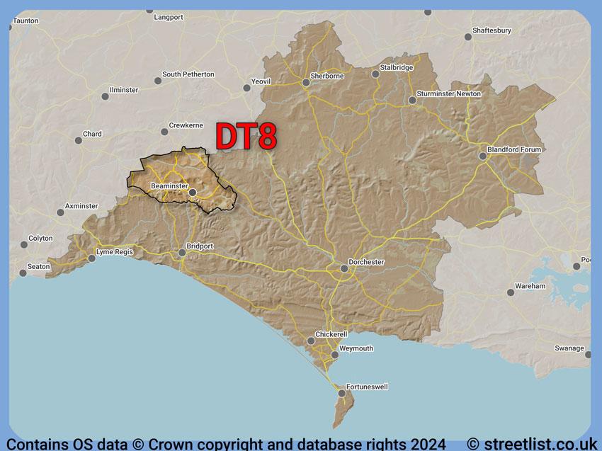 Where the DT8 postcode district lies within the wider  postcode area