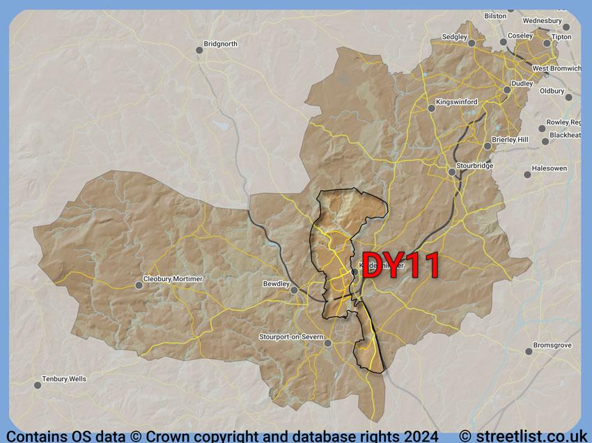 Where the DY11 postcode district lies within the wider  postcode area