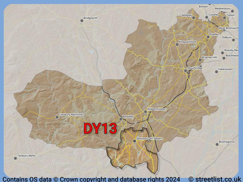 Where the DY13 postcode district lies within the wider  postcode area