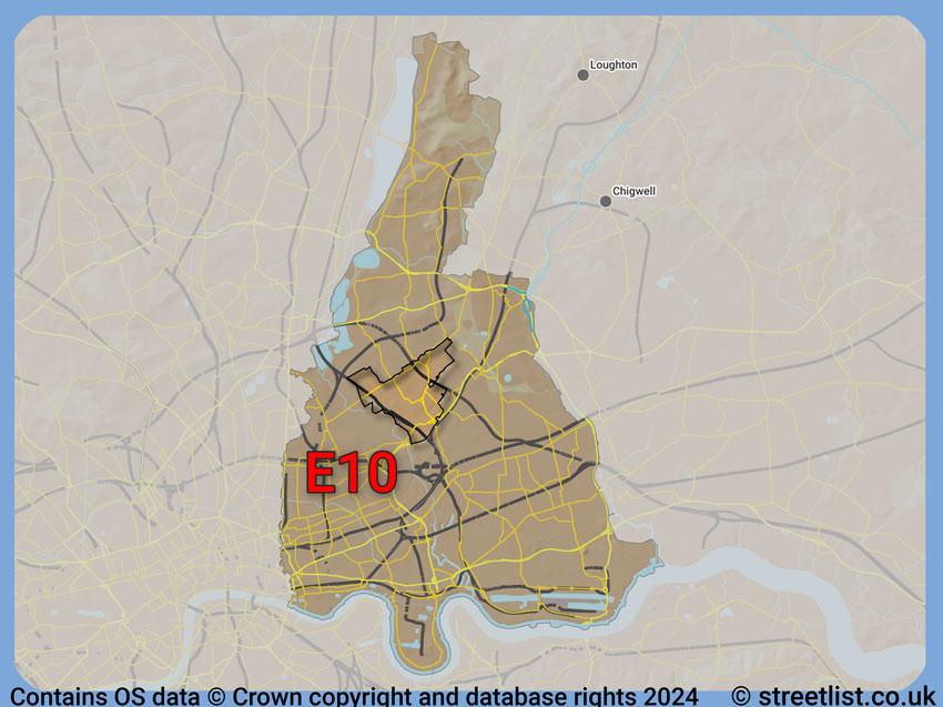 Where the E10 postcode district lies within the wider  postcode area