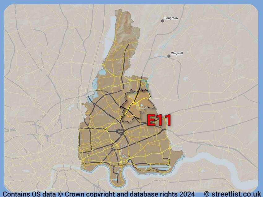 Where the E11 postcode district lies within the wider  postcode area