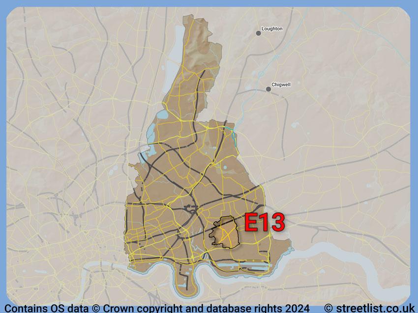 Where the E13 postcode district lies within the wider  postcode area