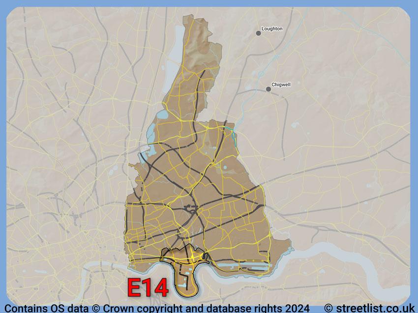 Where the E14 postcode district lies within the wider  postcode area