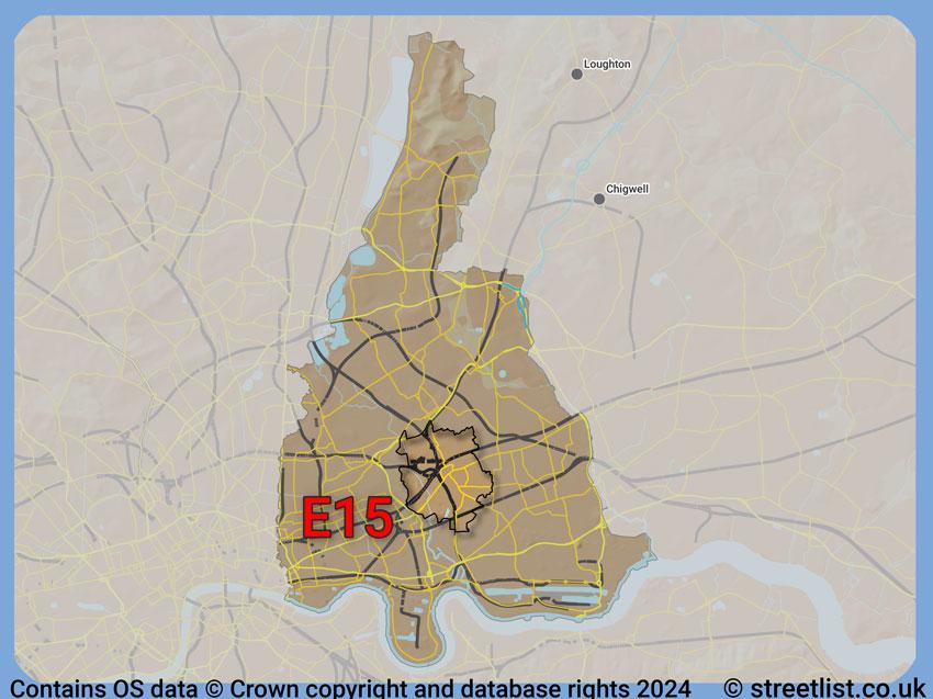 Where the E15 postcode district lies within the wider  postcode area