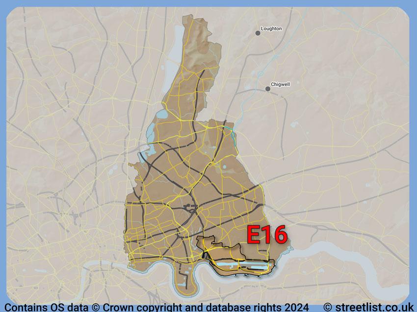 Where the E16 postcode district lies within the wider  postcode area