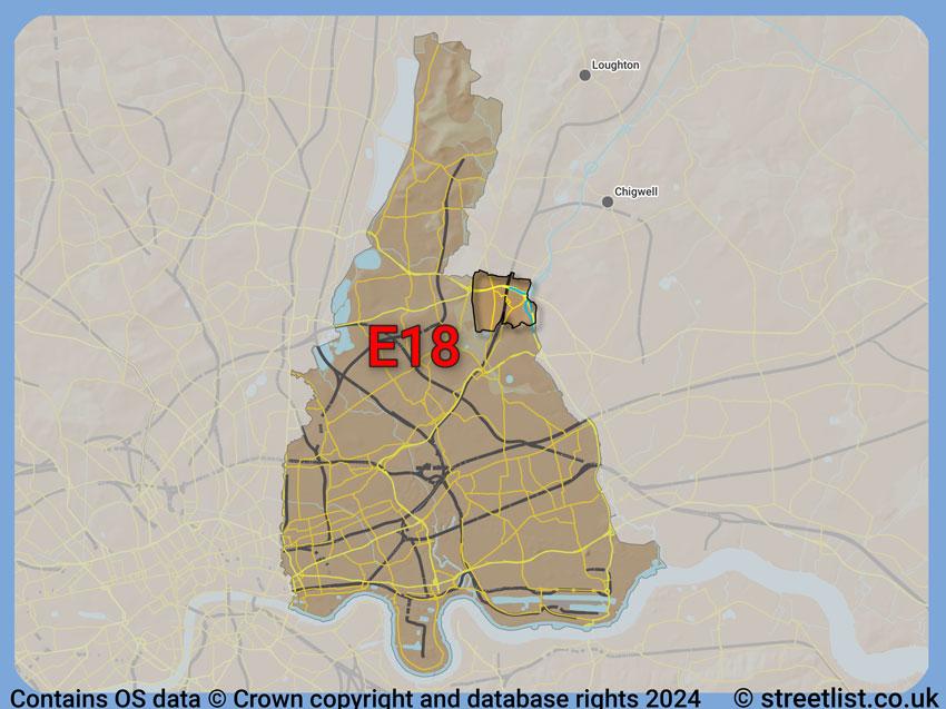 Where the E18 postcode district lies within the wider  postcode area