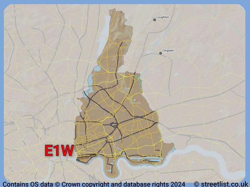 Where the E1W postcode district lies within the wider  postcode area