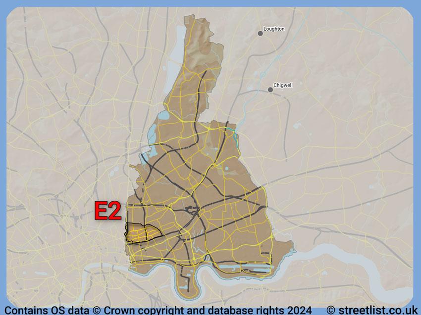 Where the E2 postcode district lies within the wider  postcode area