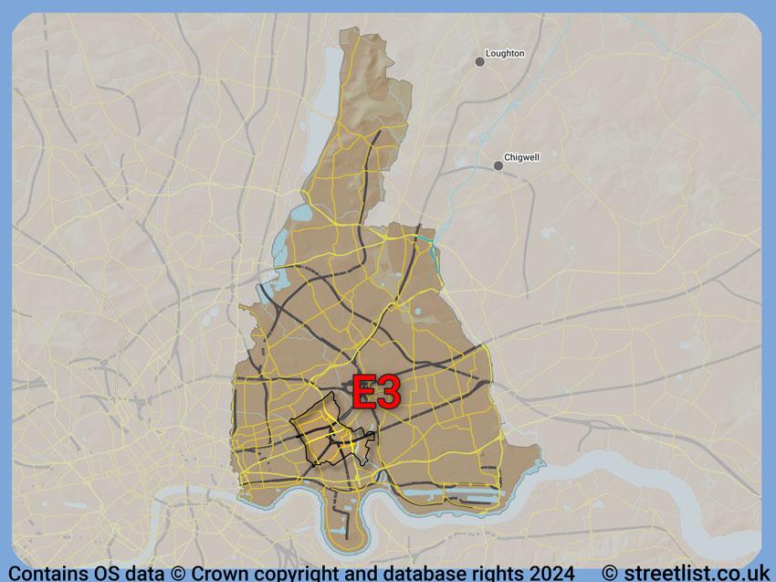 Where the E3 postcode district lies within the wider  postcode area