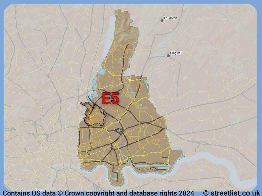 Where the E5 postcode district lies within the wider  postcode area