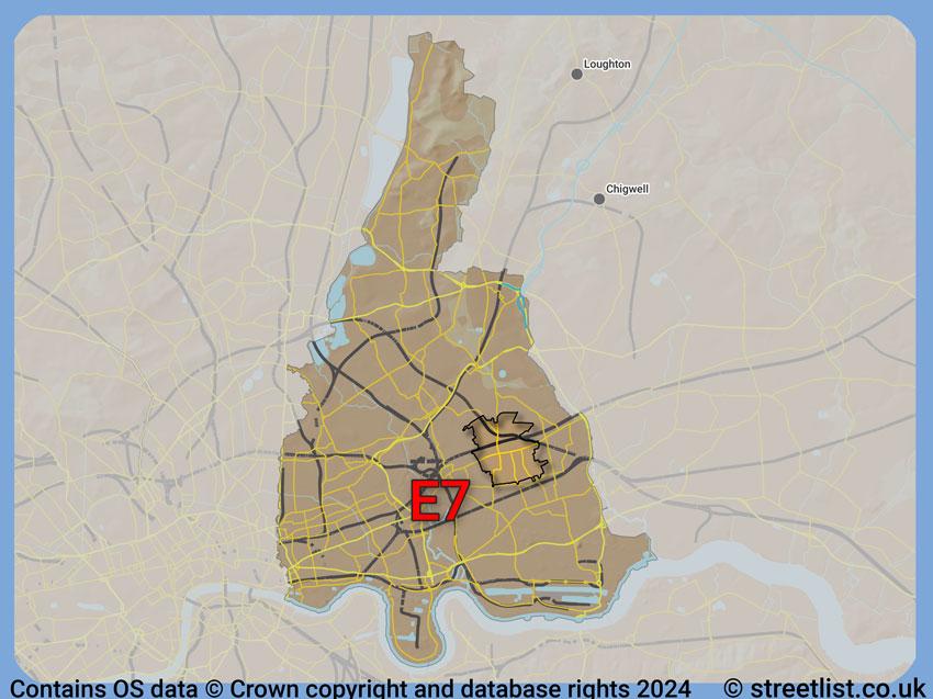 Where the E7 postcode district lies within the wider  postcode area