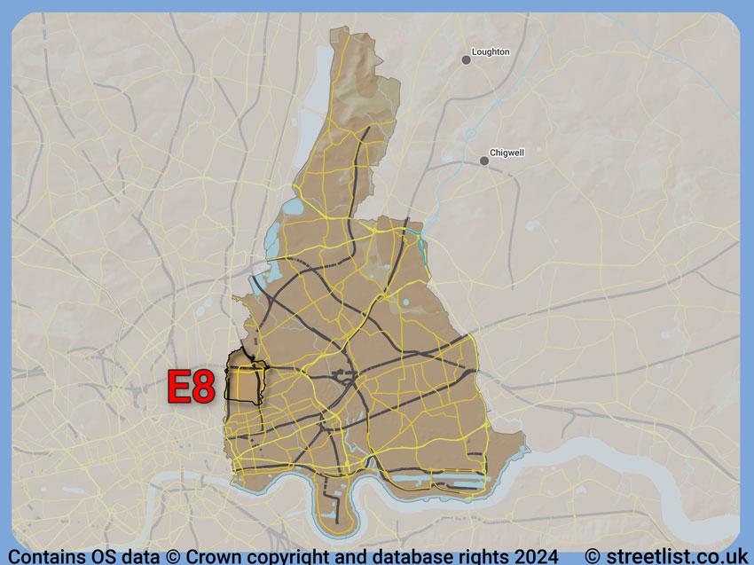 Where the E8 postcode district lies within the wider  postcode area