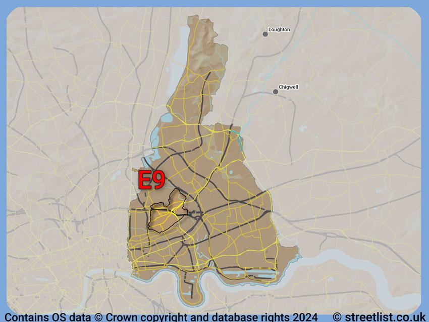 Where the E9 postcode district lies within the wider  postcode area