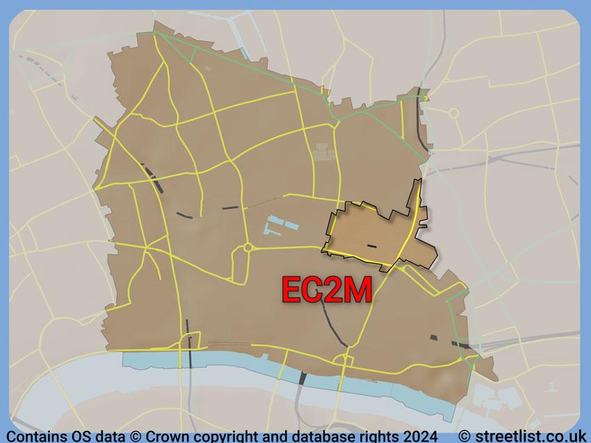 Where the EC2M postcode district lies within the wider  postcode area